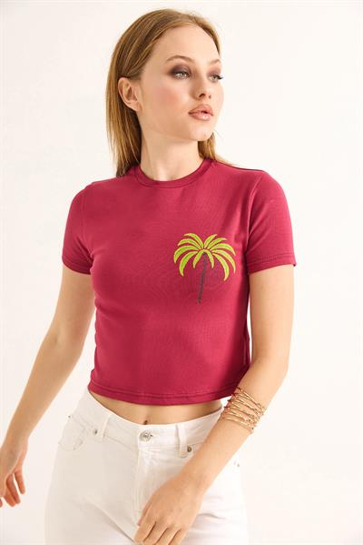 Bisiklet Yaka Kısa Kol Crop Bluz Bordo