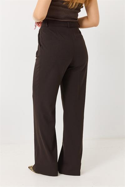 Kadın Çapraz Düğmeli Yüksek Bel Kumaş Pantolon Kahverengi
