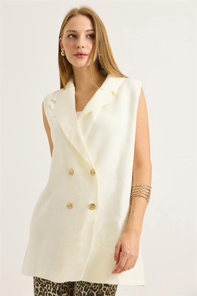 Kadın Düğmeli Oversize Triko Yelek Ekru 