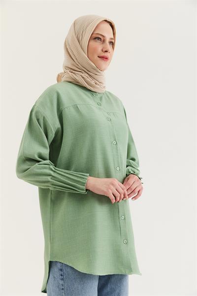 Keten Kumaş Kol Nervül Detaylı Gömlek Tunik Yeşil