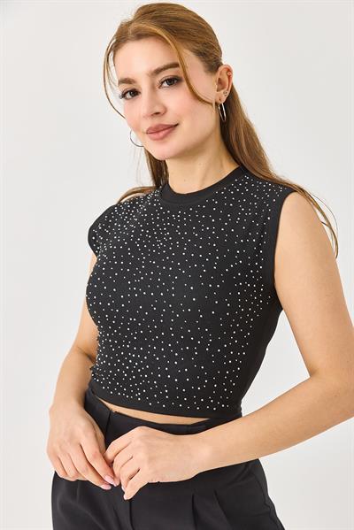 Kadın Taşlı Fitilli Crop Bluz Siyah