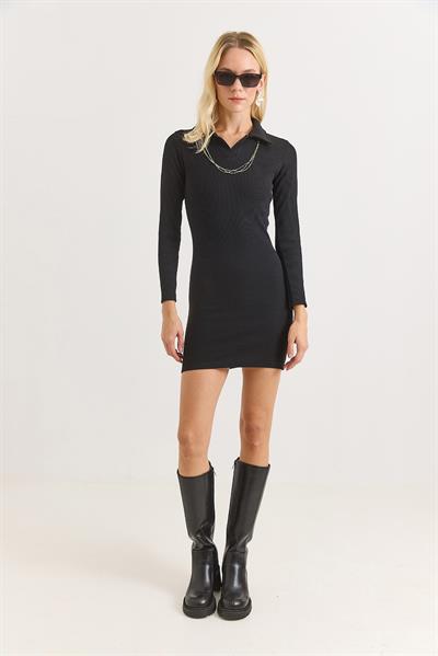 Kadın Polo Yaka Mini Elbise Siyah