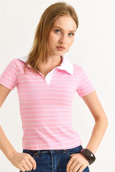 Polo Yaka Çizgi Desenli Kadın Tshirt Pembe