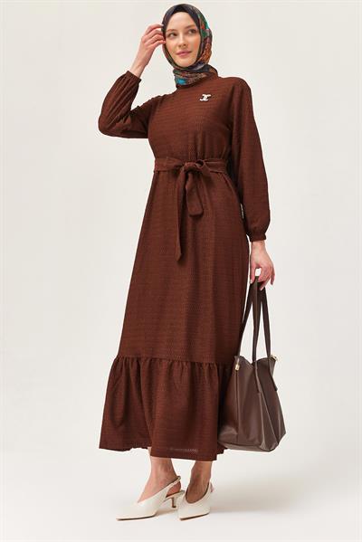 Kuşaklı Kat Keten Elbise Kahverengi
