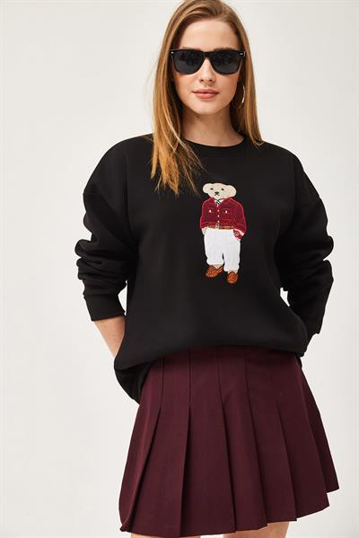 Oversize Nakışlı Sweatshirt Siyah