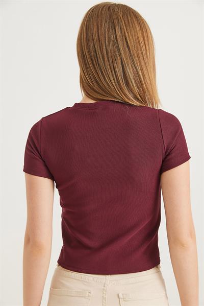 Bisiklet Yaka Alo Nakışlı Fitilli Crop Bluz Bordo