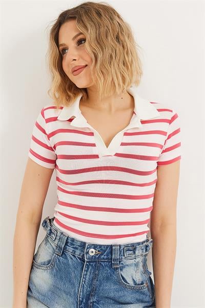 Polo Yaka Çizgili Crop Bluz Kırmızı