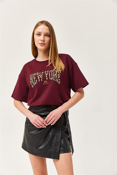 Bisiklet Yaka Oversize Tshirt Bordo