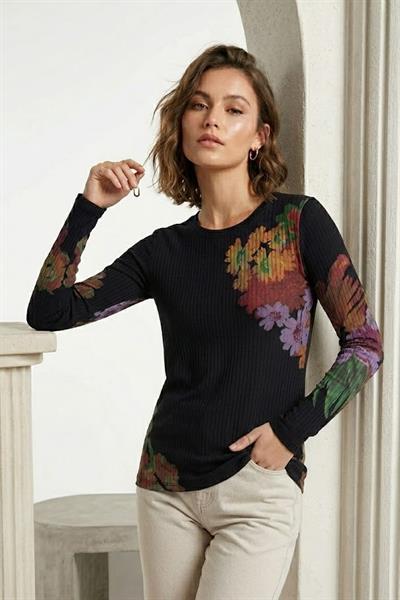 Kadın Desenli Kaşkorse Uzun Kollu Bluz Siyah