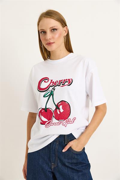 Baskılı Bisiklet Yaka Kadın Tshirt Beyaz