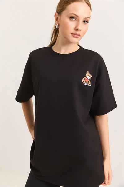 Ayıcık Nakışlı Oversize İki İp Tshirt Siyah