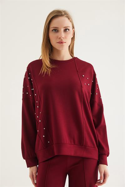Taş Detaylı Modal Sweatshirt Bordo