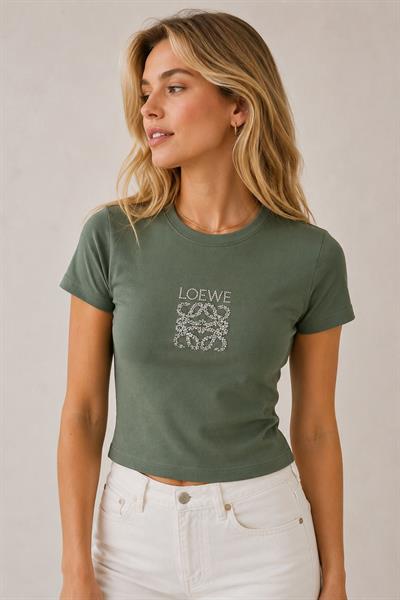 Kadın Love Taş Baskılı Penye Crop Bluz Haki