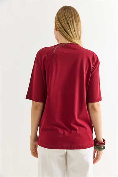 Fiyonk Detaylı Rahat Kesim Kadın Tshirt Bordo