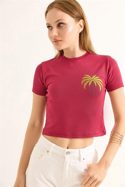 Bisiklet Yaka Kısa Kol Crop Bluz Bordo