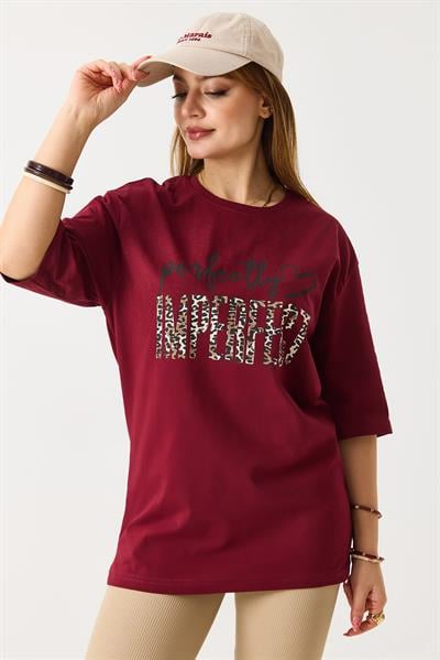 Kadın Bol Kesim Bisiklet Yaka Kısa Kol Tshirt Bordo