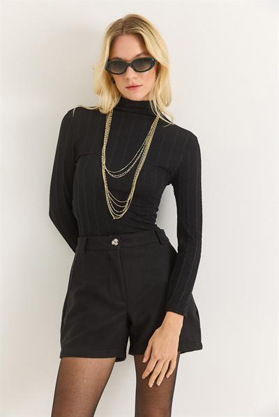 Kadın Balıkçı Yaka Triko Esnek Kazak Siyah
