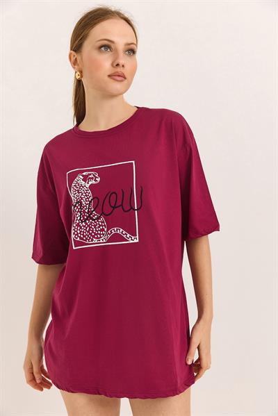 Baskı Nakış Detaylı Pamuk Süprem Rahat Kalıp  Bordo Tshirt