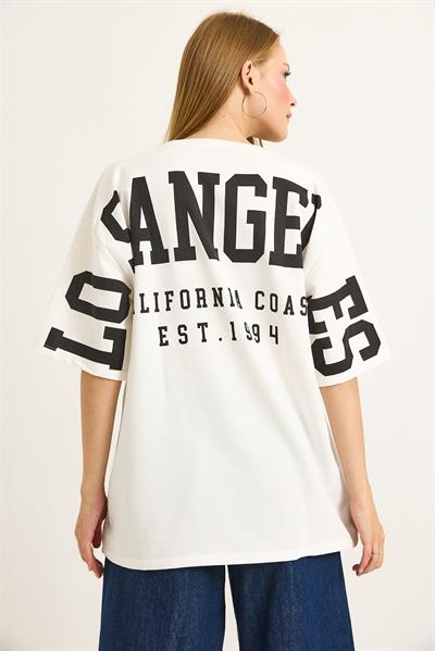 Sırt Baskılı Oversize Bisiklet Yaka Tshirt Beyaz