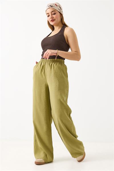 Kadın Bol Kesim Tensel Kumaş Beli Lastikli Haki