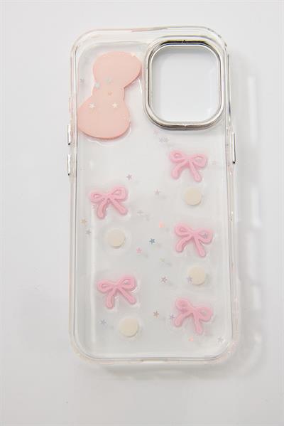 İphone 16 Pro Uyumlu Kurdeleli ve İnci Taşlı Kılıf Pembe