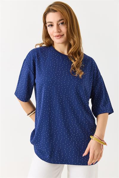 Kadın Taş Detaylı Bsiklet Yaka Oversize Tshirt Lacivert