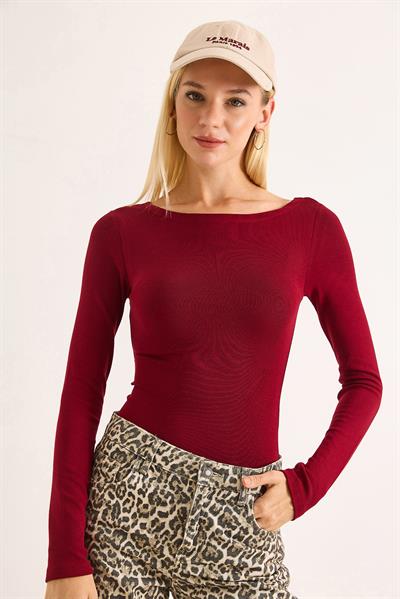 Geniş Yaka Rahat Uzun Kollu Bluz Bordo