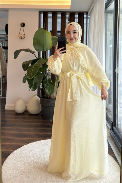 Kadın Fırfır Detay Kuşaklı Tül Modal Astarlı Elbise Sarı