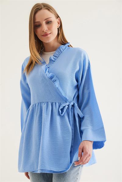 Yandan Bağlamalı Yakası Fırfırlı Kimono Mavi