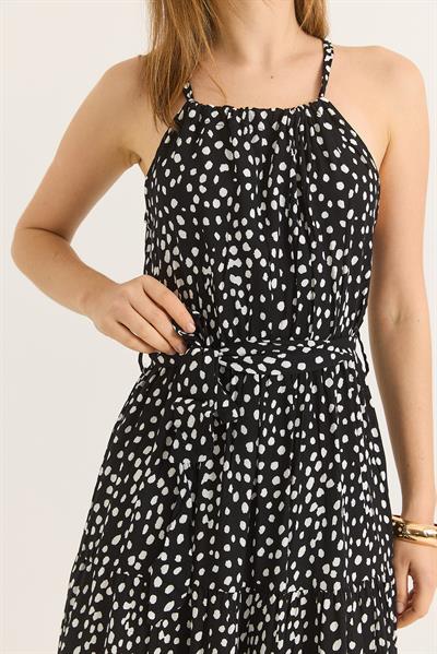 Halter Yaka Beli Kuşaklı Puantiyeli Siyah Elbise