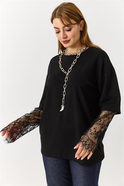 Kadın Kolu Tül Detaylı Oversize Tshirt Siyah
