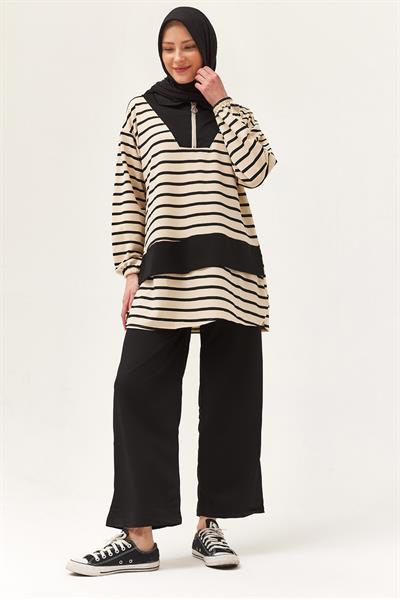 Fermuarlı Çizgili Gömlek Yaka Takım Siyah