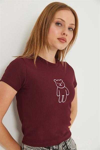 Ayıcık Nakışlı Kaşkorse Bluz Bordo