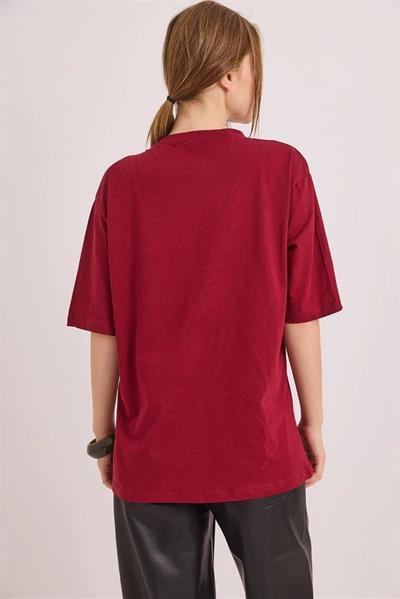 Kadın Bisiklet Yaka Göz Baskılı Oversize Tshirt Bordo