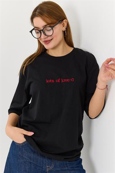 Kadın Yazı Baskılı Bisiklet Yaka Tshirt Siyah