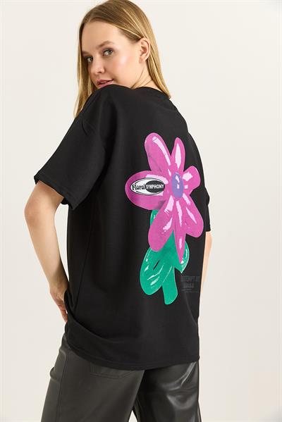 Baskılı Bisiklet Yaka Basic Tshirt Siyah