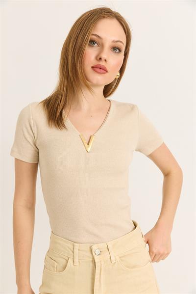 Yaka V Detay Kısa Kol Kaşkorse Bluz Vizon