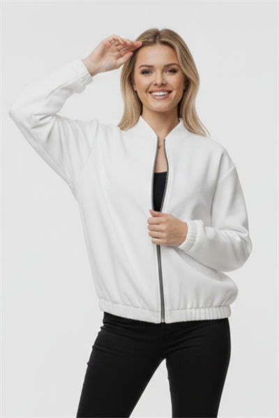 Üç İplik Şardonlu Beyaz Beli Lastikli Fermuarlı Hırka