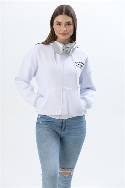 Fermuarlı Kapüşonlu  Sweatshirt Beyaz