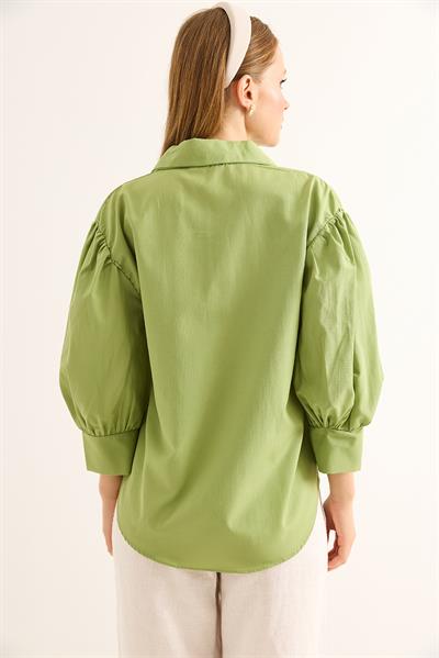 Balon Kol Bol Kesin Kadın Gömlek Yeşil