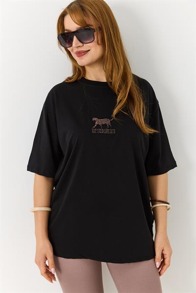 Kadın Leopar Nakışlı Bisiklet Yaka Tshirt Siyah
