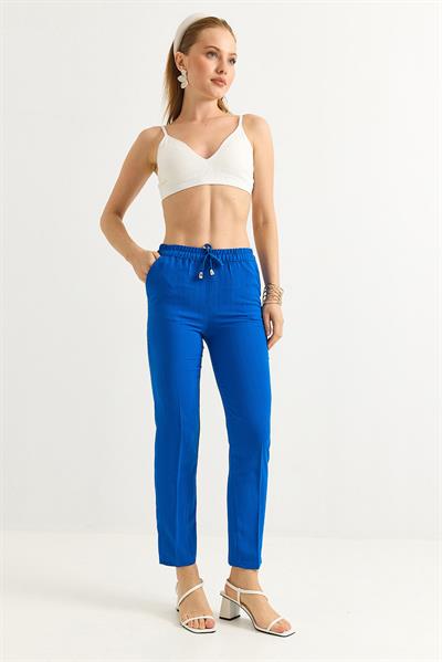 Beli Lastikli Çizgi Desenli Krep Pantolon Saks