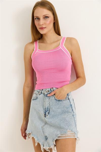 Halter Yaka Triko Bluz Pembe