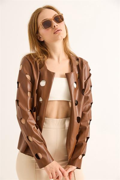 Lazer Kesim Delikli Model Ceket Kahverengi