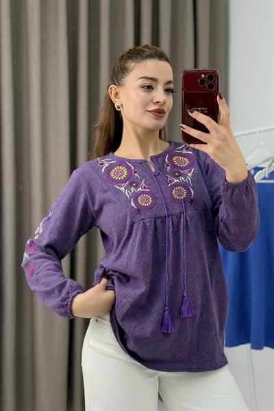 Kadın Mor Triko Etnik Mor Çiçek Nakışlı Kazak
