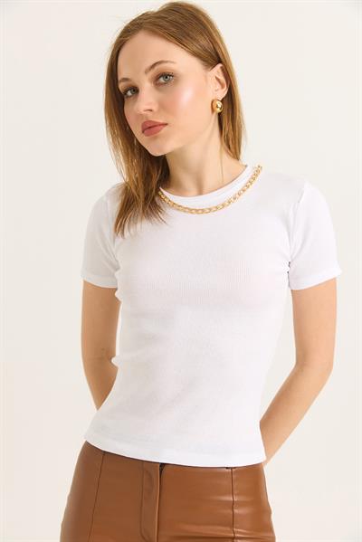 Bisiklet Yaka Zincir Detaylı Kaşkorse Bluz Beyaz