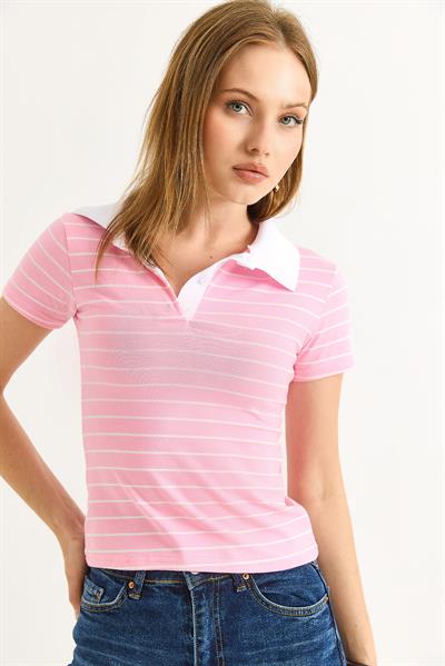 Polo Yaka Çizgi Desenli Kadın Tshirt Pembe
