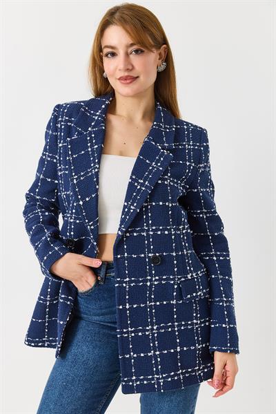 Kadın Ekoseli Blazer Ceket Lacivert