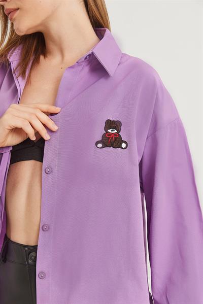 Ayıcık Nakışlı Oversize Basic Gömlek Mor