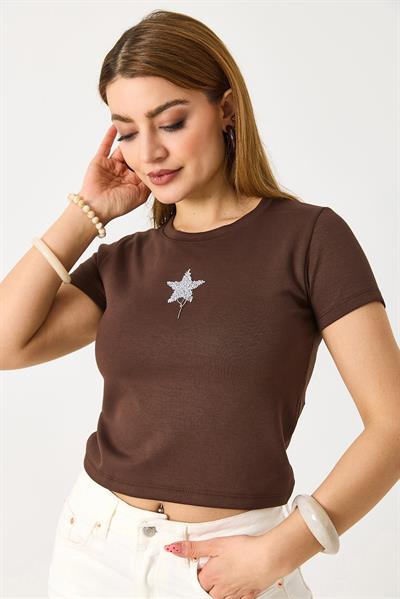 Kadın Kısa Kollu Yıldız Taşlı Crop Bluz Kahverengi